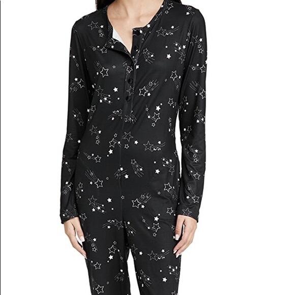 Mason Grey Women’s One Piece Sleepwear Small Black Shooting Stars Pajamas NWT - Picture 1 of 9